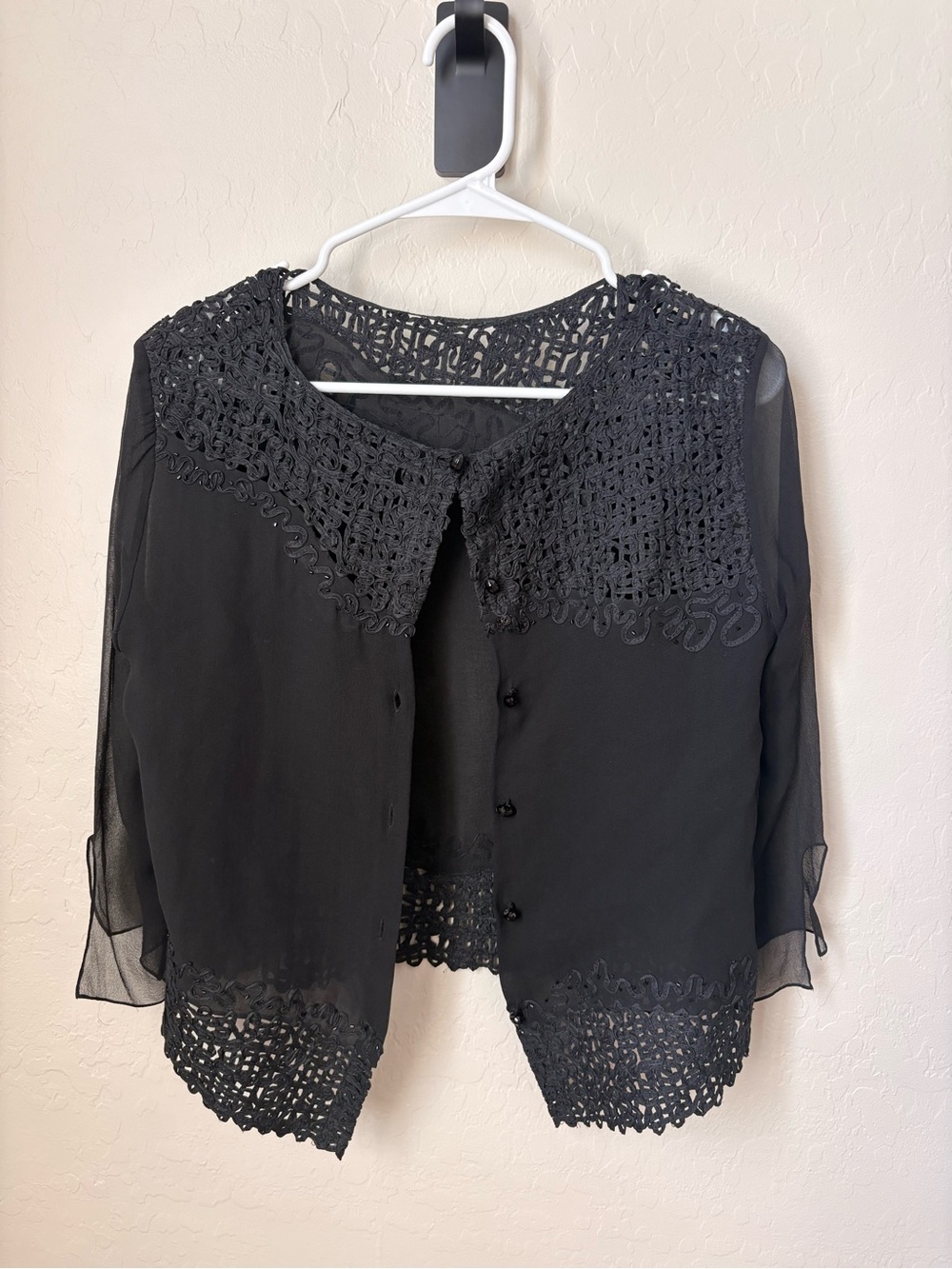 Vintage Black Crochet-Collar Button-Front Women's Blouse